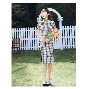 Broken size special offer clearance artistic plaid mid-length cheongsam plus size Republic of China style Daily cheongsam