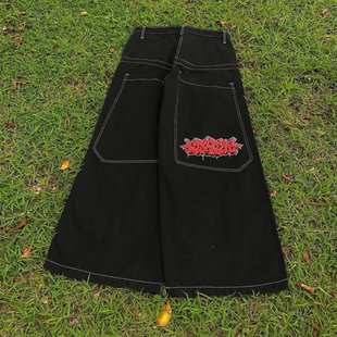 JNCO Jeans Men Harajuku Hip Hop Skull Print Blue Loose Jeans Fashion Wide Pants Men