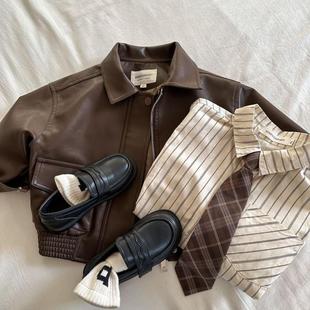 2025 New Children's Clothing Jacket Spring and Autum Pure Color Lapel Leather Jacket for Boys and Girls Baby Short Leather Jacket Trendy