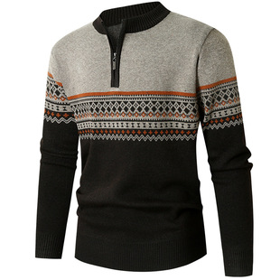 Winter men's middle-aged round neck sweater dad's long sleeve half zipper sweater striped sweater men's loose top