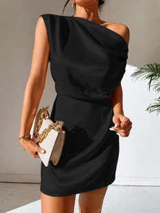 2023 cross-border new Amazon premium sexy asymmetric neckline satin dress European and American style