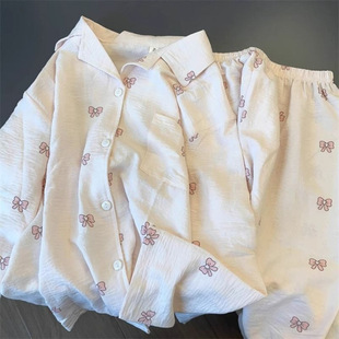 Spring and Autumn Long Sleeve Pajamas Women's Cloud Cotton Wrinkled Cloth Sweet Ins Princess Style Japanese Style Fresh Style Home Clothes suit