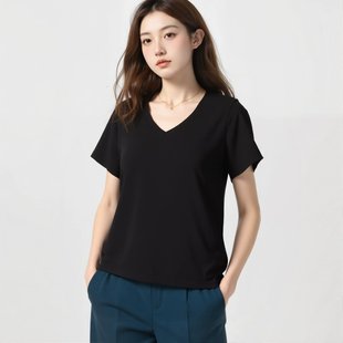 U Diary 2025 New Summer Fashion Casual V-neck T-shirt Small Simple All-match Solid Color Top Women's Clothing