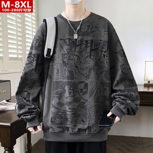 Spring and Autumn Trendy Hong Kong Style Men's Printed Round Neck Knitted Sweater Chubby Large Size Plus Size Loose Sports Casual Top