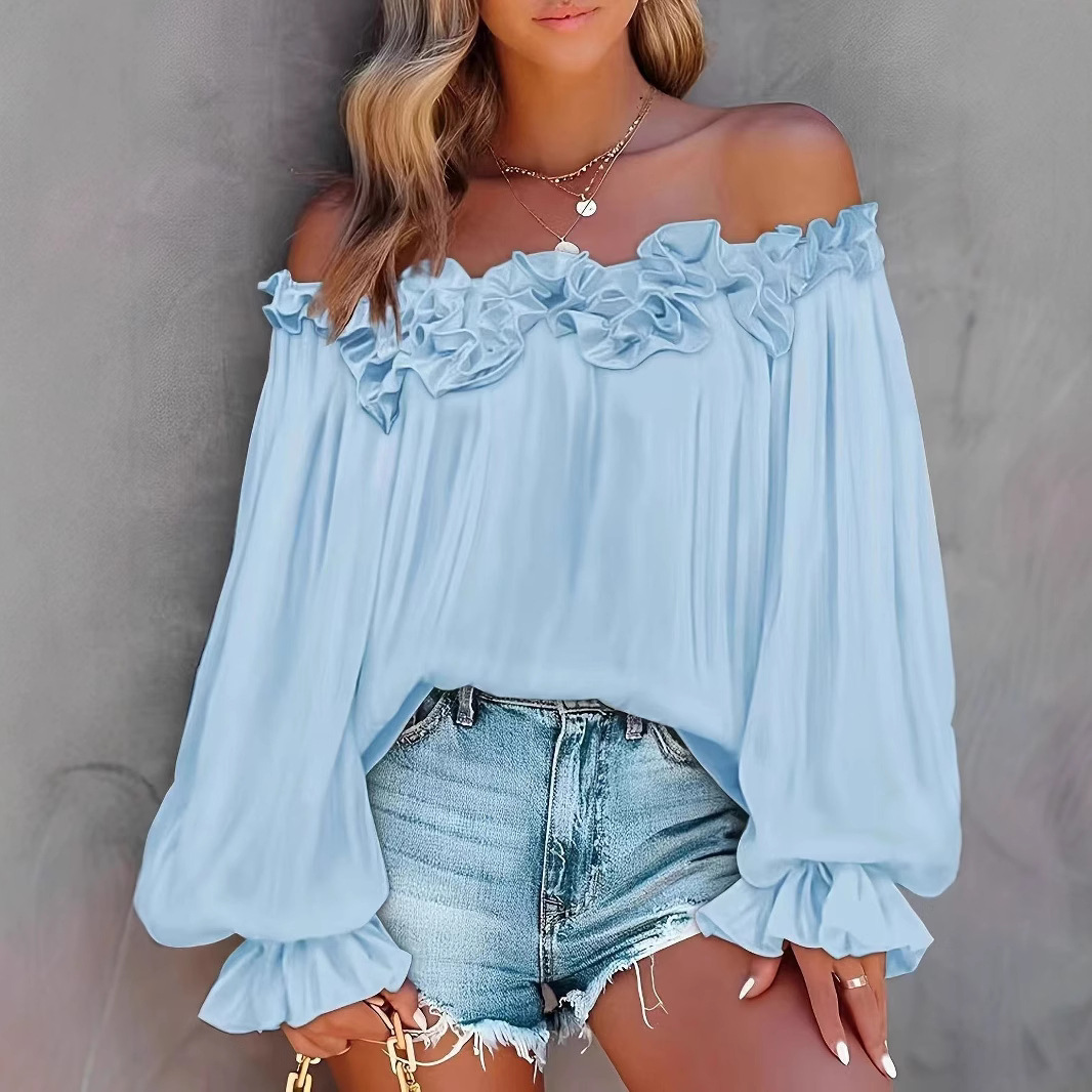 European and American Cross-Border 2024 Early Spring Hot-Selling New Elegant Style Casual Ruffled One-Shoulder Off-Shoulder Long-Sleeved Shirt for Women