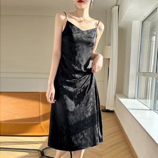 Silk Satin Acetic Summer New Women's V-neck Sling Dress Sexy Waist Slim-fit Mid-length Over-the-knee Dress
