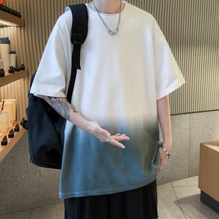 Gradient T-shirt Men's Summer Pure Cotton Loose Casual Round Neck Short-sleeved Trendy Brand Trendy Couple's Half-sleeved Top