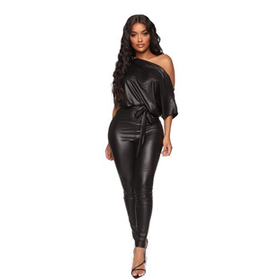 Fall 2021 new European and American women's cross-border leather pants new lace-up off-shoulder slim-fit fashion one-piece leather pants