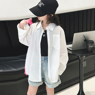 Orange Tiger Girl's Summer suit Long-sleeved Sunscreen Shirt Loose Casual Mid-Big Kids Stylist Denim Shorts Sling