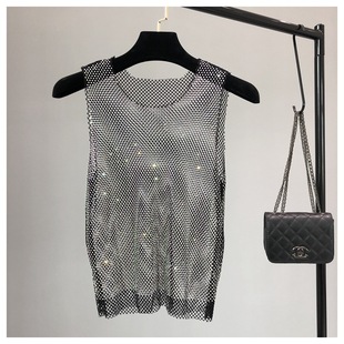 Rhinestone Mesh Vest Goddess Bright Diamond Vest Hollow Rhinestone blingbling Sparkling Sleeveless Top Women