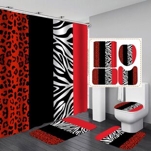 4-piece set leopard print shower curtain suit with carpet toilet lid and bathroom mat red black bathroom decoration