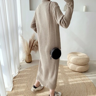2023 new long sweater dress over the knee elegant retro single-breasted bottoming knitted dress women's autumn and winter