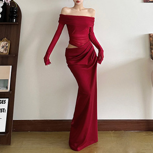 Foreign Trade 2025 Spring New Women's Clothing European and American Style Temperament Sexy Shoulder Mesh Perspective Long dress Women