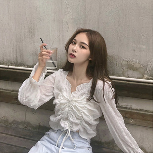 Super fairy top niche design western style waist-tight shirt women's spring and summer versatile sun protection shirt scheming clavicle T-shirt