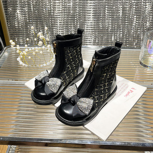 Girl's Martin boots 2023 autumn and winter New Chanel style bow children's short boots Western style children's winter shoes