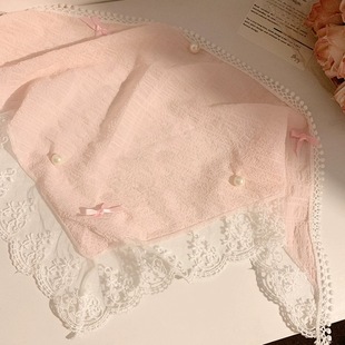 Peach Pink Pearl Lace Triangle Scarf Women's Toe French Pastoral Style Seaside Hair Band