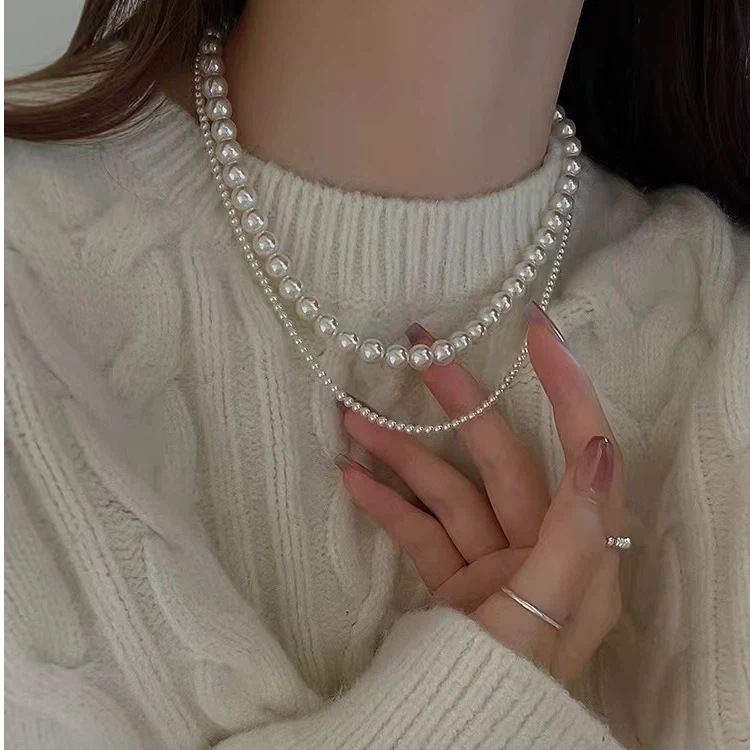 Titanium Steel Non-Fading Carefully Selected Mother-Of-Pearl Pearl Necklace for Women, High-End Strong Luster Small Baby Rice Pearl Collarbone Chain, Bright and Lightweight