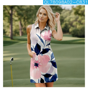 2024 Summer European and American Cross-border Creative Pattern Outdoor Sports Women's Golf Zipper Sleeveless Lapel Skirt Polo