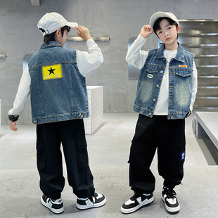 Boys' waistcoat children's 2024 new spring and autumn Denim waistcoat big boys leisure foreign style outerwear waistcoat tide