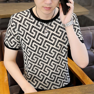 5 European Station Fashion Brand Men's Ice Silk Smooth Hollow Breathable Round Neck European Version Short Sleeve