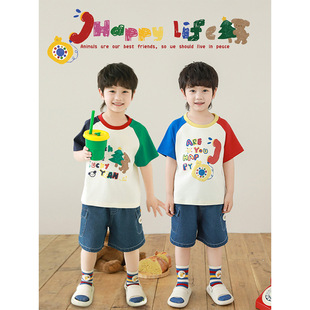 Wulibuyi Boys 2025 Summer New Cartoon Contrast Color Round Neck T-Shirt Loose Casual Cool Children's Top