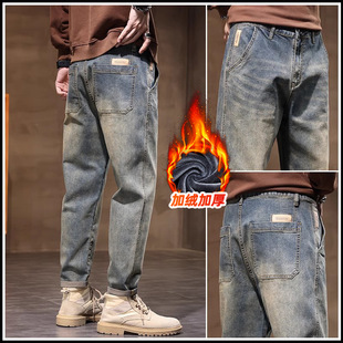 2025 New Jeans Men's Straight Loose Autumn and Winter Men's Pants Winter Fleece-Lapped Pants Boys Spring and Autumn