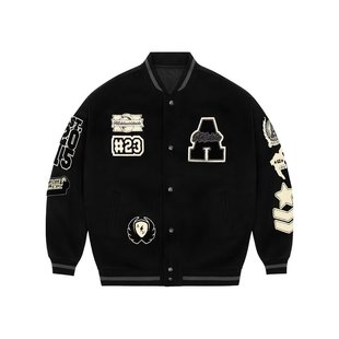 Black embroidered woolen baseball uniform men's and women's spring and autumn casual loose American retro high street fashion brand national fashion jacket