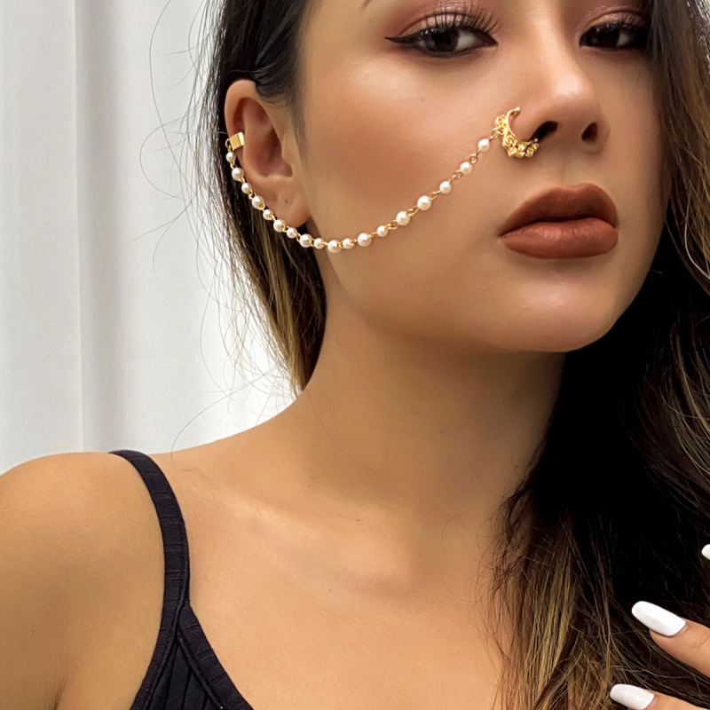 European and American Cross-Border Jewelry, Sweet and Cool Punk Style Piercing Jewelry, Imitation Pearl Butterfly Tassel Chain Earrings and Nose Clips for Women