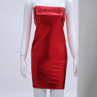2022 Europe and the United States new women's nightclub stage dress performance bronzing patent leather PU strapless dress factory outlet