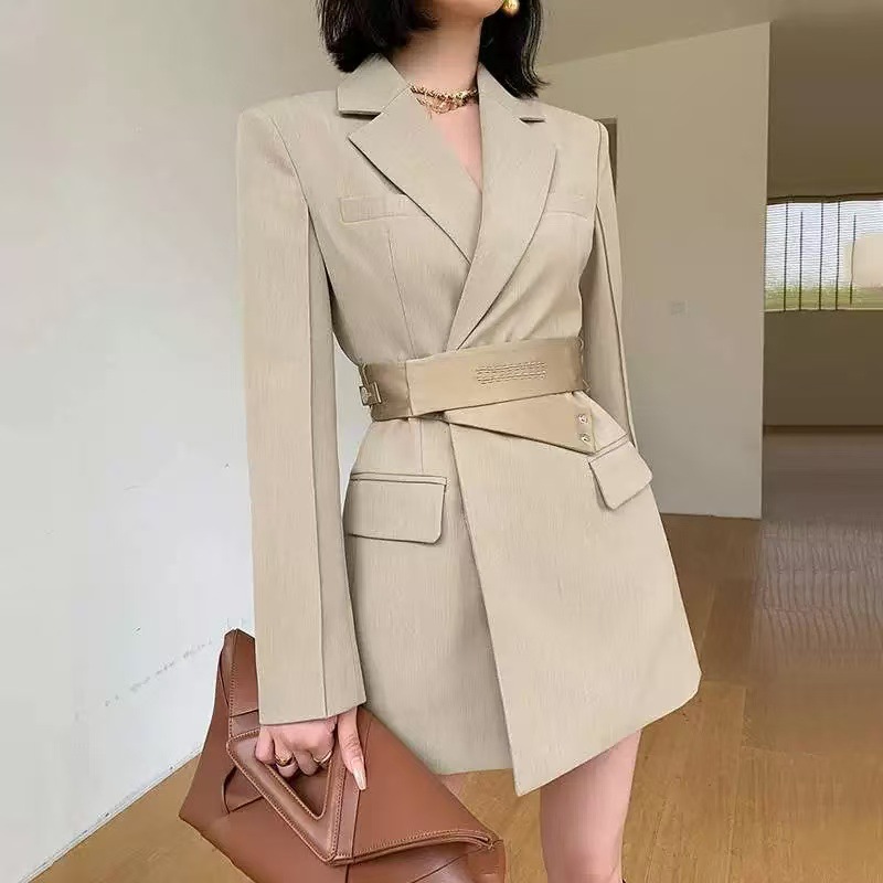 French-Style Waist-Cinching Slimming Suit Dress for Women, 2026 Spring and Autumn New Versatile Elegant Mid-Length Tie-Up Coat
