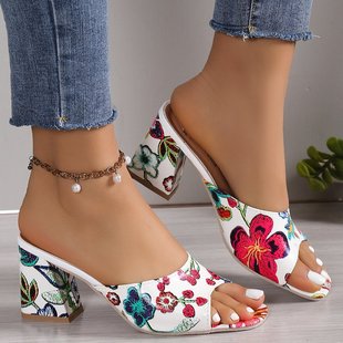 Chunky Heel Slippers Women's Outerwear Summer Korean-style Fashion Printed Mid-heel Outdoor Chunky Heel Square Toe Sandals