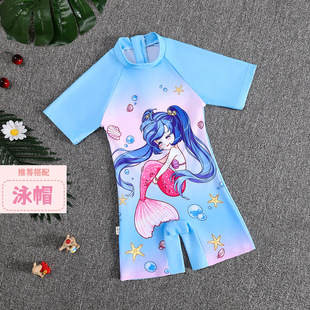 Girls Swimsuit Short-Sleeved Cartoon Print Children's Summer Swimming One-Piece Short-Sleeved Seaside Beach Suit for Girls