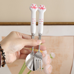 316 Student Girl Heart Cute Cat Claw 304 Stainless Steel Chopsticks Fork Spoon Ins High-Looking Portable Tableware Three Pieces