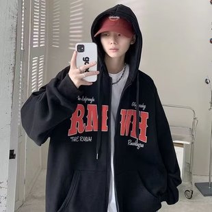 2024 autumn and winter coat couple loose hooded sweater coat trendy men's all-match plus size zipper cardigan coat trendy