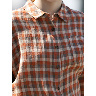 Original Design Spring and Summer New High-end Imported Linen Yarn-dyed Plaid Artistic Casual Lar Long-sleeved Loose Shirt