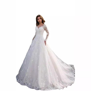 2022 cross-border European and American lace women's clothing Amazon long sleeve off-shoulder white bridal wedding dress dress