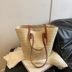 Straw Bag Women's Summer Handbag Seaside Tote Bag Large Capacity Woven Shoulder Bag Rattan Straw Bag Bucket Bag Trendy