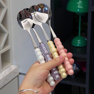 Light Luxury Ins Style Stainless Steel Spoon Creative Pearl Ceramic Handle Dessert Spoon Home Spoon High Color Value Wholesale