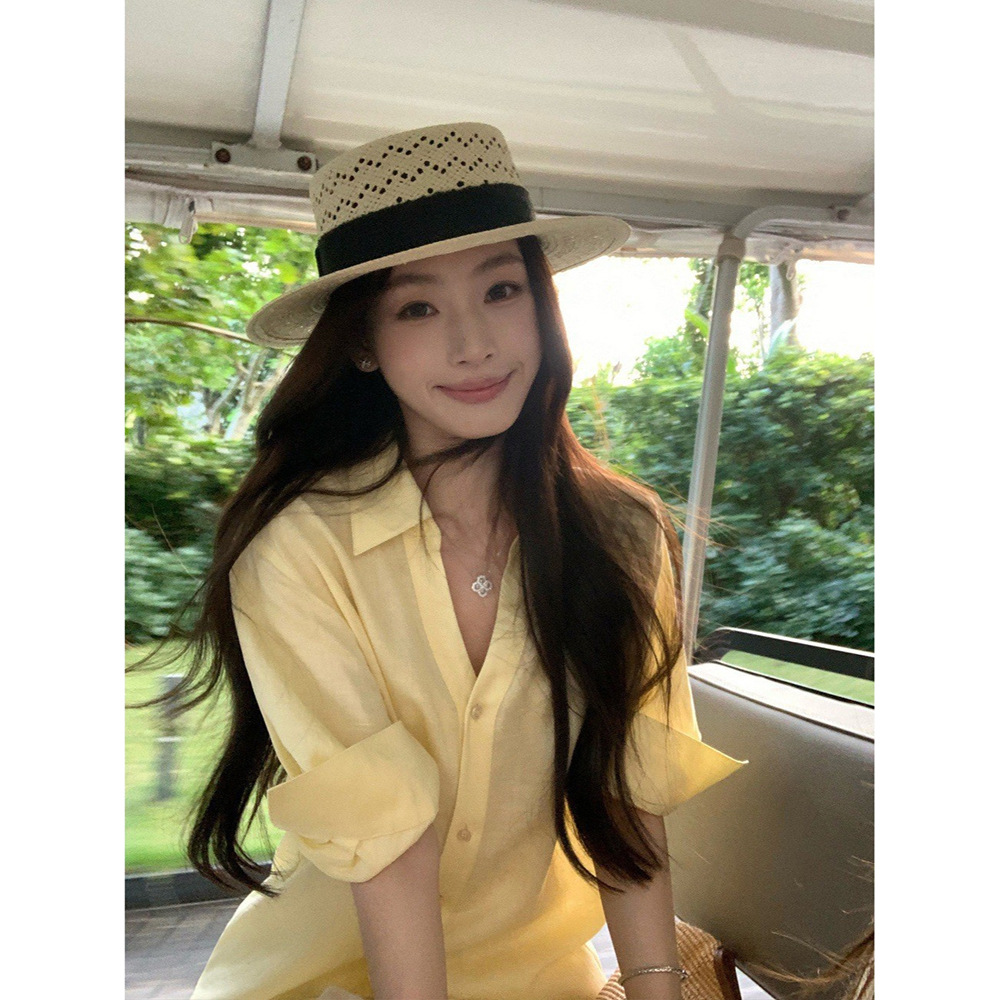 Pusumed Monsoon Monologue Lyocell Linen V-Neck Half-Sleeve Shirt for Women, Loose Casual Commuter Shirt