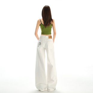 2025 Summer New American Style Retro Solid Color High Waist Embroidered Loose Drag Jeans Women's White Trousers