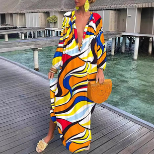 2023 Independent station wish Amazon explosion autumn V-neck sexy loose long sleeve printed dress women's clothing