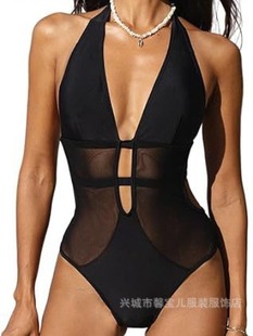 2024 European and American Women's Summer New One-piece Swimsuit Sexy Mesh Deep V Backless Fashion Swimsuit Solid Color Explosions