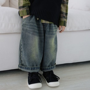 Spring and Autumn Men's and Women's Children's Wear Jeans Baby's Western Style Children's Personalized Trendy Brand Korean Style Retro Distressed Loose Wide Leg Pants