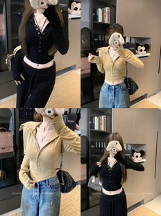 New American Style Retro Single-breasted Long-sleeved T-shirt Women's Spring Elegant V-neck Slim Shoulder Top