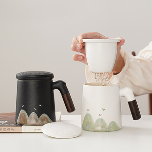 Yuanshan ceramic wooden handle office cup tea separation tea cup Qianli Jiangshan mug tea cup business gift