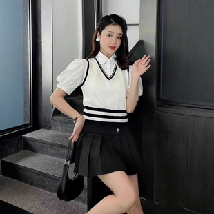College Style polo Collar Fake Two-piece Short-sleeved Knitwear Women's Spring and Summer Design Sense Puff-sleeved Age-reducing Short Top Trendy