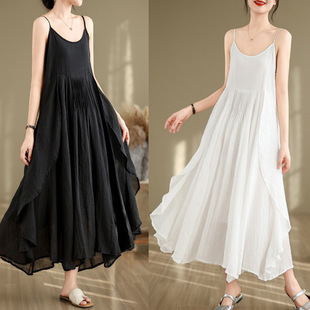 New Cotton and Linen Dress Skirt with Slip for Summer New Artistic Pleated Irregular Skirt with Large Swing Elegant Long Skirt White