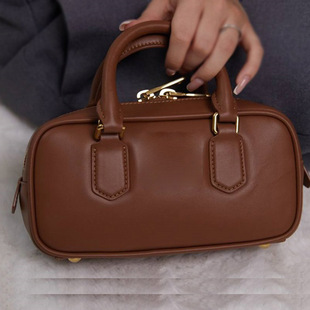 Foreign Trade Cross-border Leather Women's Bag Small Square Bag Boston Leather Handbag New Shoulder Crossbody Bag Bowling Bag