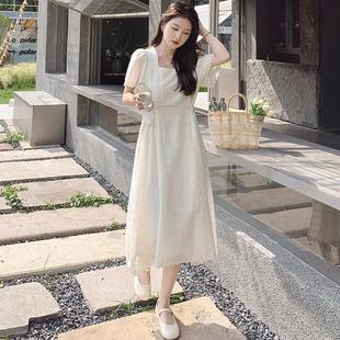 Real Shot White Mori Style Beautiful Square Collar dress Women's Mid-Length 2024 Summer New Slim-Fit Gentle Style Fairy Dress