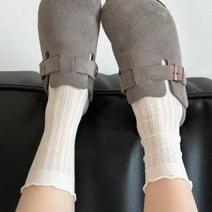 2025 New Women's Socks Spring and Autumn Trendy Mid-Calf Socks Breathable Ladies Pure Cotton Japanese Style Slouch Socks Gray Striped